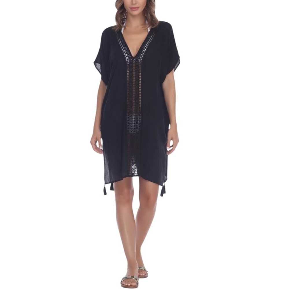 Kona Sol Black Swim Cover-Up palm leaf sheer maxi length